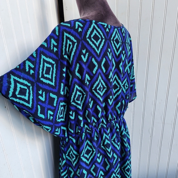 Merona Blue Green Geometric Print Swim Dress Cover-Up Elastic Waist Sheer XL - Picture 9 of 12
